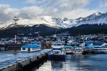 A view into Ushuaia, Argentina, from the ship at dock.