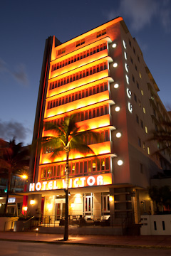 Hotel Victor on Sunset Drive, Miami Beach, at twilight